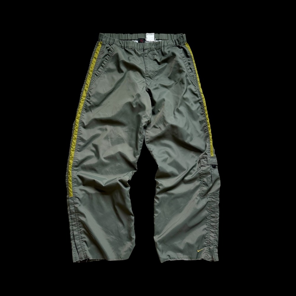 90's Nike Nylon Track Pants Olive Green‎ Yellow Stripe Cargo Y2K Pocket L F9 SFD